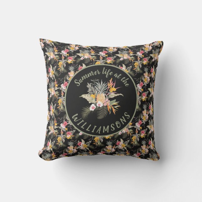 Personalized Pineapple Hibiscus Tropical Black Outdoor Pillow (Front)