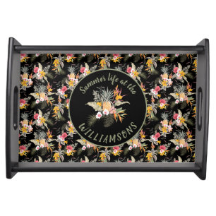 Personalized Pineapple Hibiscus Tropical Black Serving Tray