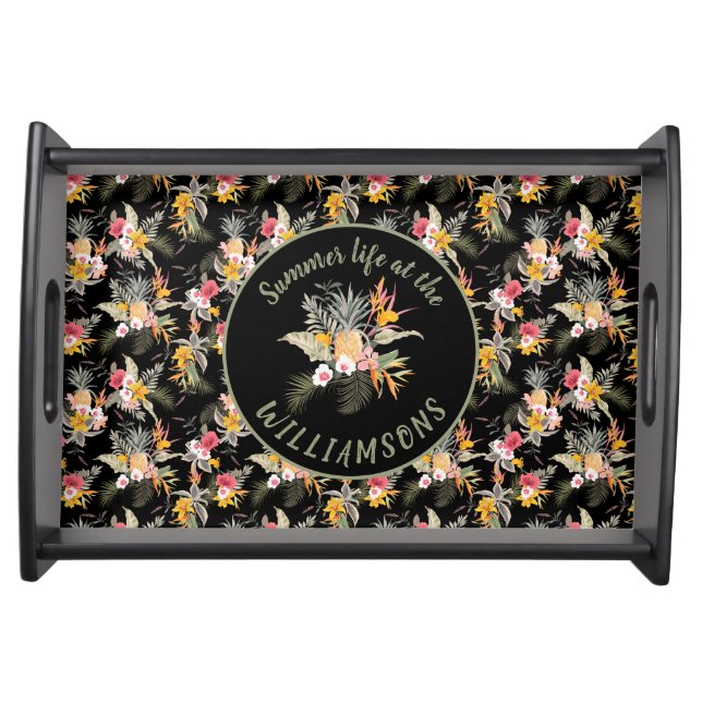 Personalized Pineapple Hibiscus Tropical Black Serving Tray (Front)