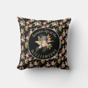 Personalized Pineapple Hibiscus Tropical Black Throw Pillow