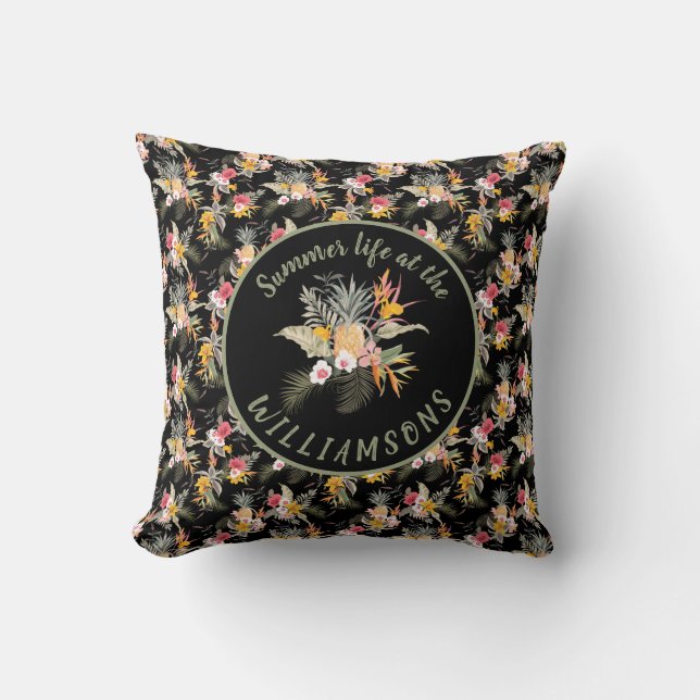 Personalized Pineapple Hibiscus Tropical Black Throw Pillow (Front)