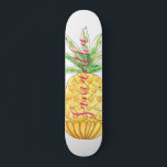 Personalized Pineapple Skateboard<br><div class="desc">This girly Skateboard is decorated with a hand drawn pineapple in shades of yellow and green with pink typography.
Easily customizable with our name.
Because we create our own artwork you won't find this exact image from other designers.
Original Watercolor © Michele Davies.</div>