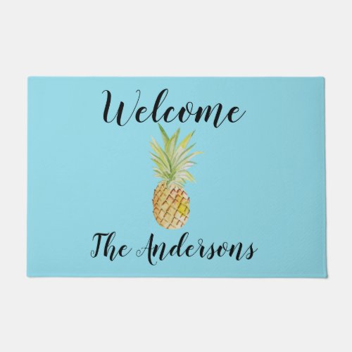 Personalized Pineapple Watercolor Blue Welcome Doormat