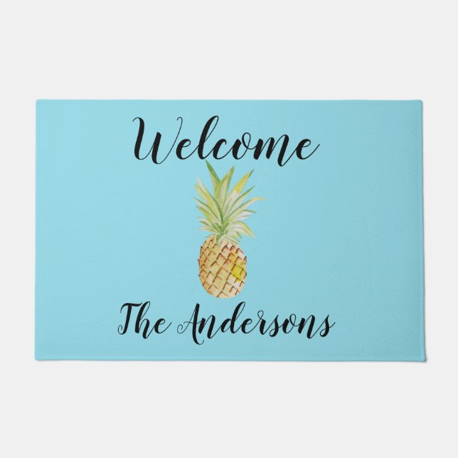 Personalized Pineapple Watercolor Blue Welcome Doormat (Front)