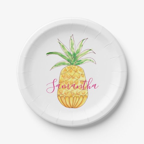 Personalized Pineapple Yellow Pink Watercolor Paper Plates