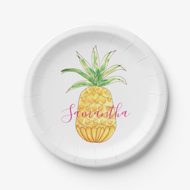 Personalized Pineapple Yellow Pink Watercolor Paper Plates (Front)
