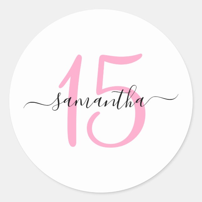 Personalized Pink 15th Birthday Classic Round Sticker (Front)