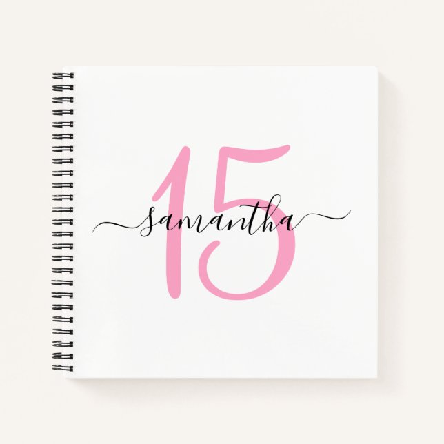 Personalized Pink 15th Birthday Guestbook Notebook (Front)