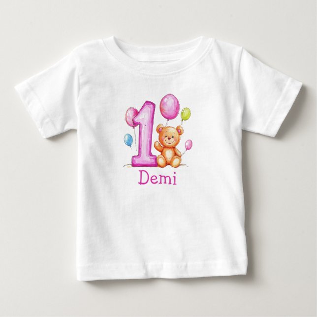 Personalized Pink 1st Birthday for Girls Baby T-Shirt (Front)