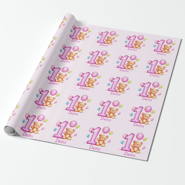 Personalized Pink 1st Birthday for Girls Wrapping Paper (Unrolled)