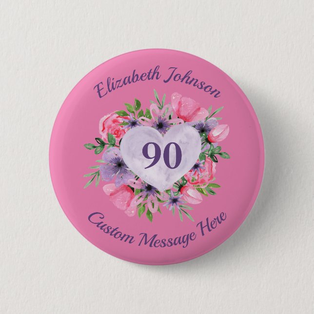 Personalized Pink 90th Birthday Button (Front)
