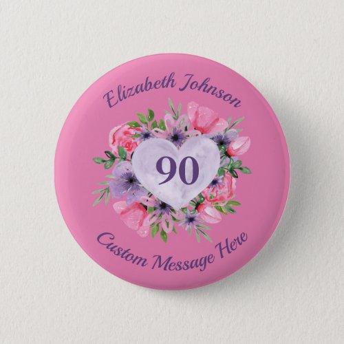 Personalized Pink 90th Birthday Button