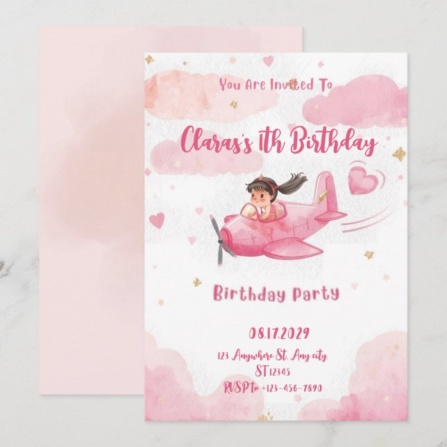 Personalized Pink Airplane Girl Birthday Invitatio Invitation (Front/Back)