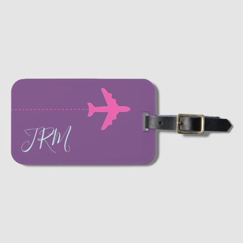 personalized pink airplane on purple monogrammed luggage tag