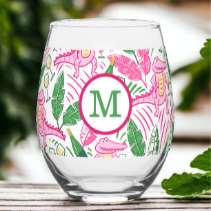 Personalized Pink Alligator Stemless Green Initial Wine Glass
