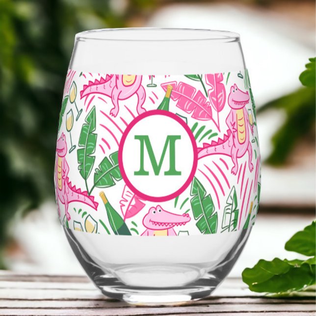 Personalized Pink Alligator Stemless Green Initial Wine Glass (Creator Uploaded)