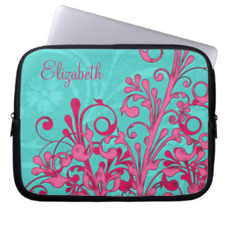 Personalized Pink and Aqua Floral Laptop Sleeve