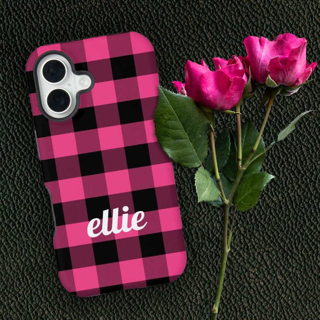 Personalized Pink and Black Buffalo Plaid iPhone Case (Creator Uploaded)