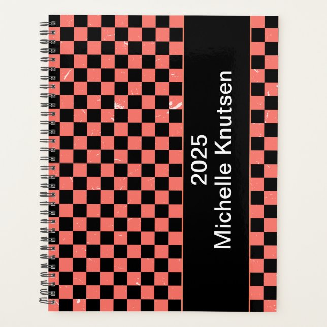 Personalized pink and black Checkerboard 2025      Planner (Front)