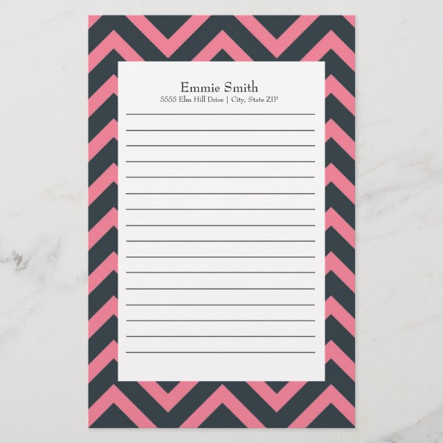 Personalized Pink and Black Chevron Pattern Stationery (Front)