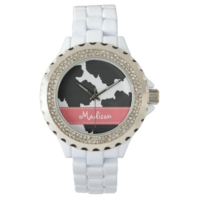 Personalized Pink and  Black Cow Print Watch (Front)