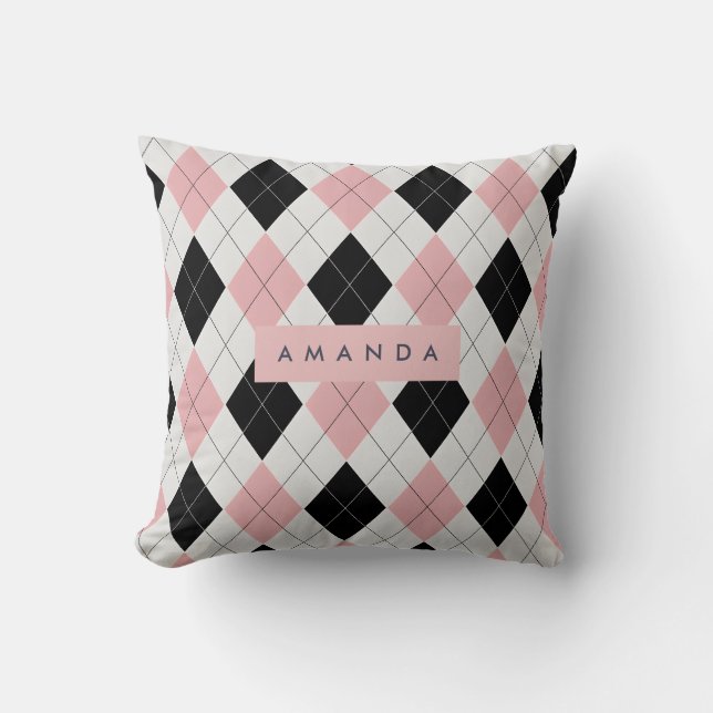 Personalized Pink and Black Diamond Pattern  Throw Pillow (Front)