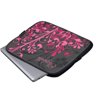 Personalized Pink and Black Floral Laptop Sleeve