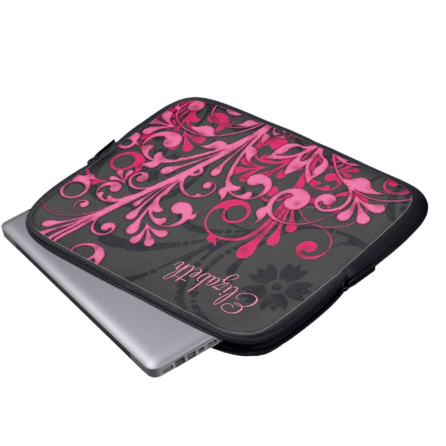Personalized Pink and Black Floral Laptop Sleeve (Front Bottom)