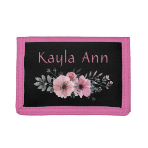 Personalized Pink and Black Floral Watercolor Tri-fold Wallet