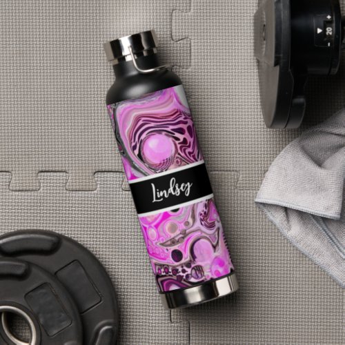 Personalized Pink and Black Fluid Art   Water Bottle