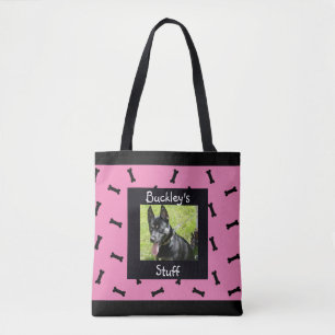 Personalized Pink and Black Pet Photo Dog Bone Tote Bag