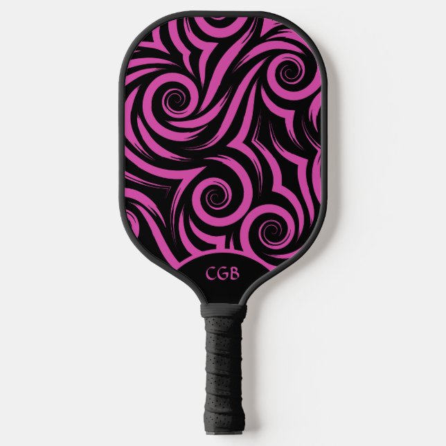 Personalized Pink and Black Swirls Pickleball Paddle (Front)