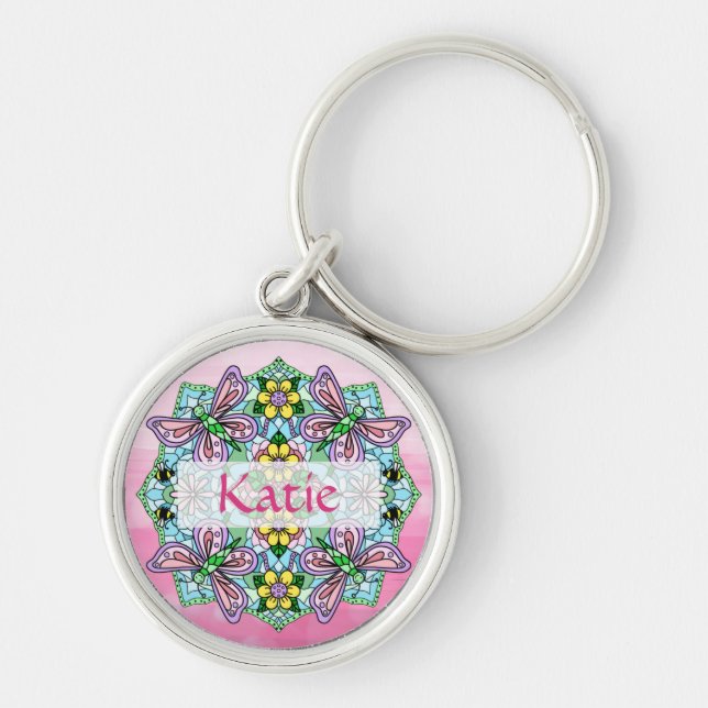 Personalized Pink and Blue Butterfly Mandala  Keychain (Front)