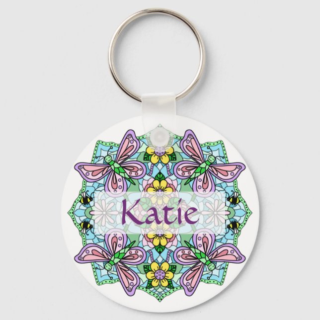 Personalized Pink and Blue Butterfly Mandala Keychain (Front)