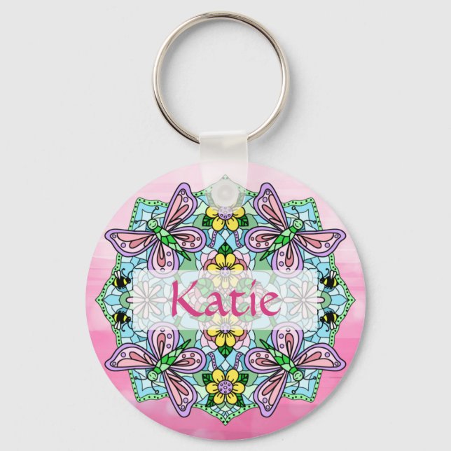 Personalized Pink and Blue Butterfly Mandala  Keychain (Front)