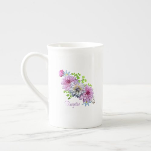 Personalized Pink and Blue Floral Bone China Mug