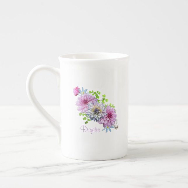 Personalized Pink and Blue Floral Bone China Mug (Left)