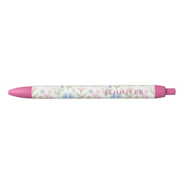 Personalized Pink and Blue Grandmillennial Floral Pen (Front)