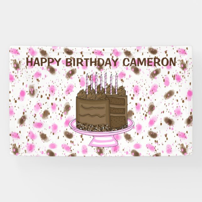 Personalized Pink and Brown Dots Happy Birthday  Banner (Horizontal)
