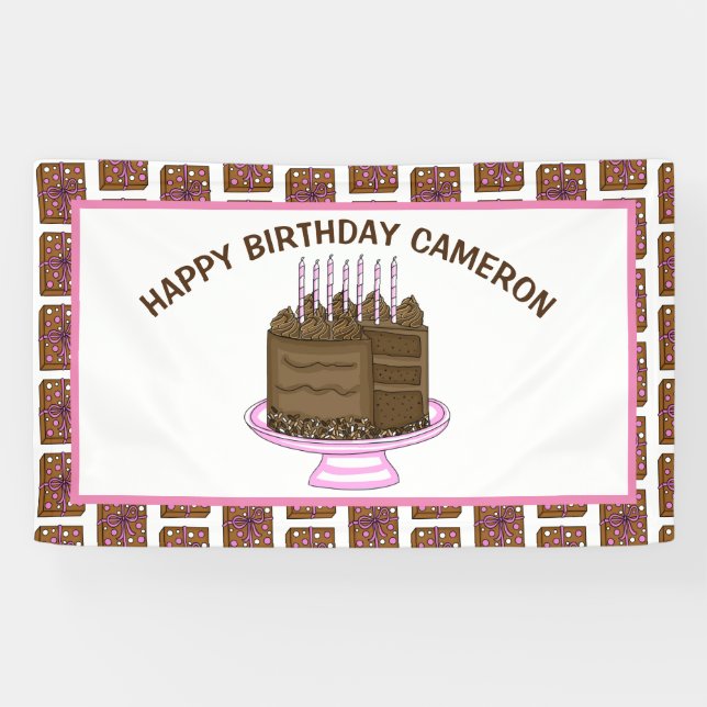 Personalized Pink and Brown Happy Birthday Banner (Horizontal)