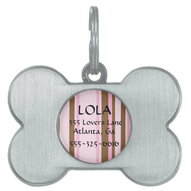 Personalized Pink and Brown Striped Bone Dog Tag (Front)