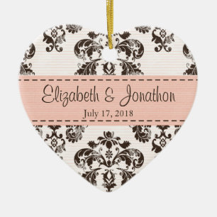 Personalized Pink and Brown Vintage Damask Wedding Ceramic Ornament