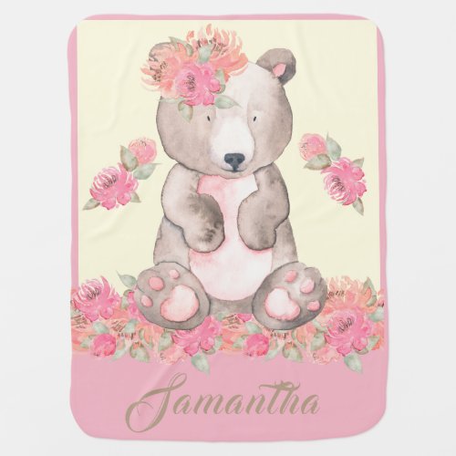 Personalized Pink and Cream Sweet Floral Bear Baby Blanket