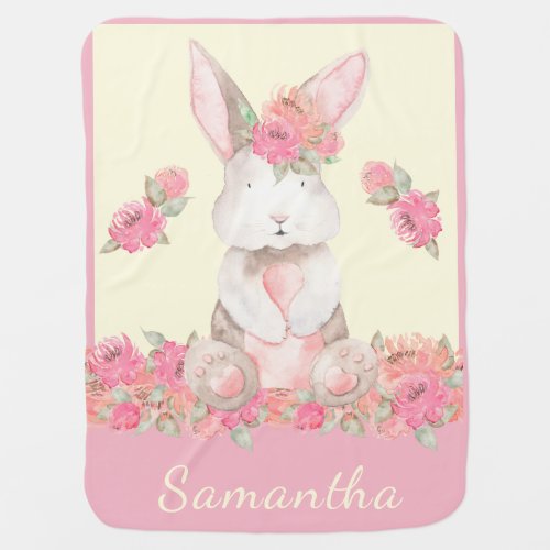 Personalized Pink and Cream Sweet Floral Bunny Baby Blanket