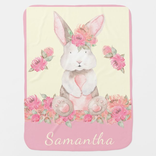 Personalized Pink and Cream Sweet Floral Bunny Baby Blanket (Front)