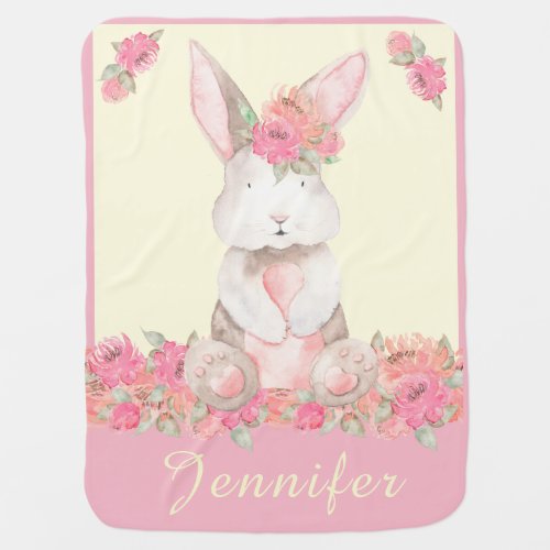 Personalized Pink and Cream Sweet Floral Bunny Baby Blanket