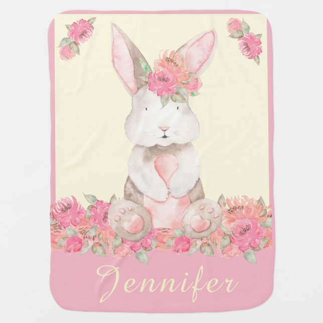 Personalized Pink and Cream Sweet Floral Bunny Baby Blanket (Front)