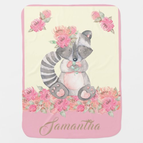 Personalized Pink and Cream Sweet Floral Raccoon Baby Blanket