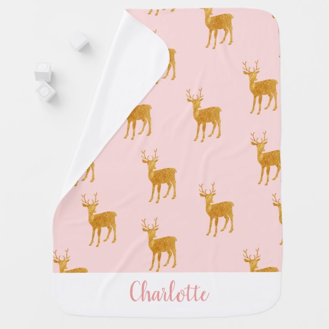 Personalized Pink and Gold Deer Baby Blanket (In Situ)