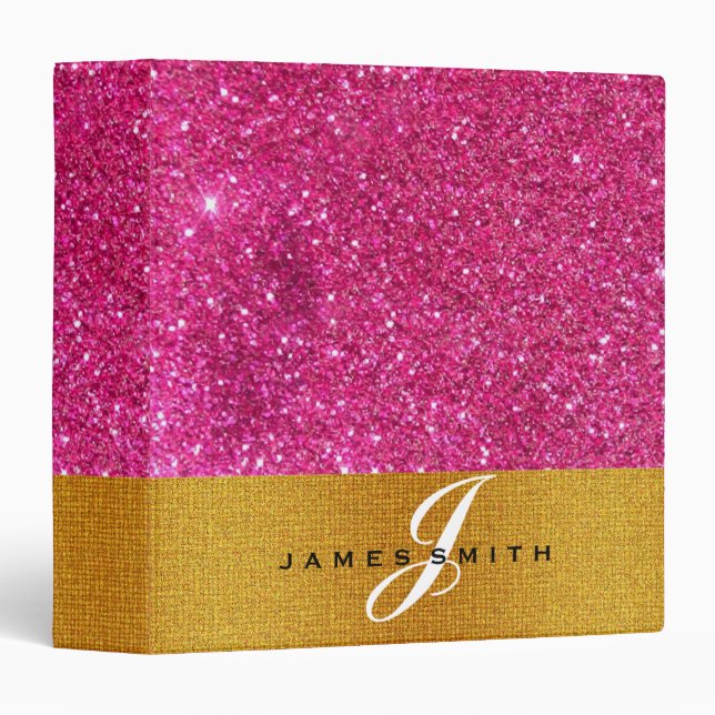 Personalized Pink and Gold Faux Confetti Glitter 3 Ring Binder (Front/Spine)